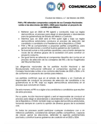 PRI y PAN acuerdan rumbo a las elecciones del 2023 y 2024, dejan fuera al PRD.