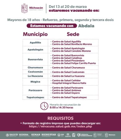 Continúa vacunación contra COVID-19 en 84 municipios de Michoacán