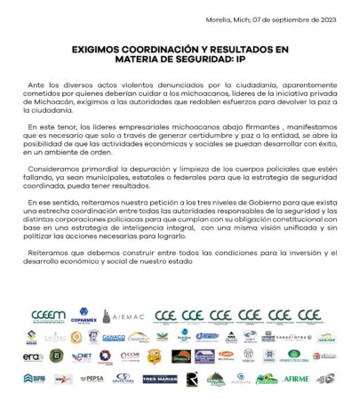 Empresarios michoacanos exigen resultados en materia de Seguridad: IP