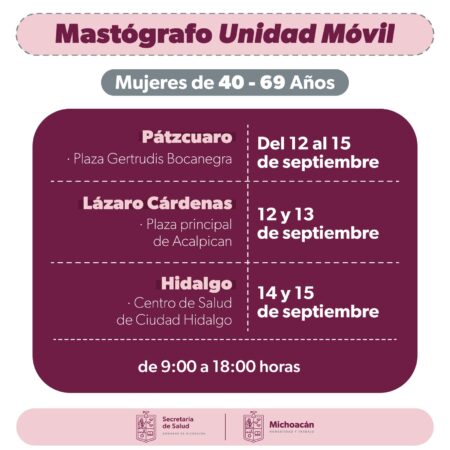 SSM realizará mastografías gratuitas en Pátzcuaro, Ciudad Hidalgo y LC