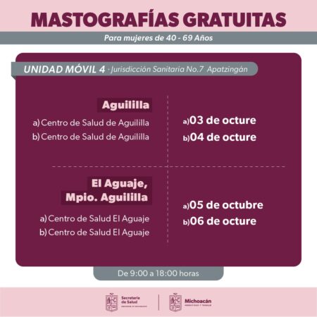 SSM realizará mastografías gratuitas en El Aguaje, en Aguililla