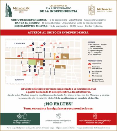 Estos serán los 6 puntos de acceso para el Centro Histórico de Morelia, por fiestas patrias